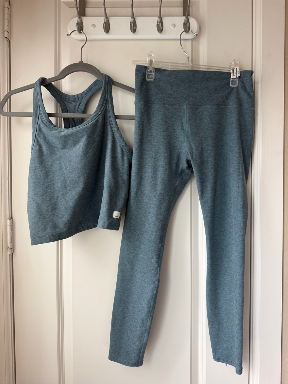 Vuori Clean Elevation Leggings & Racerback Crop Top Set in Stormy Heather